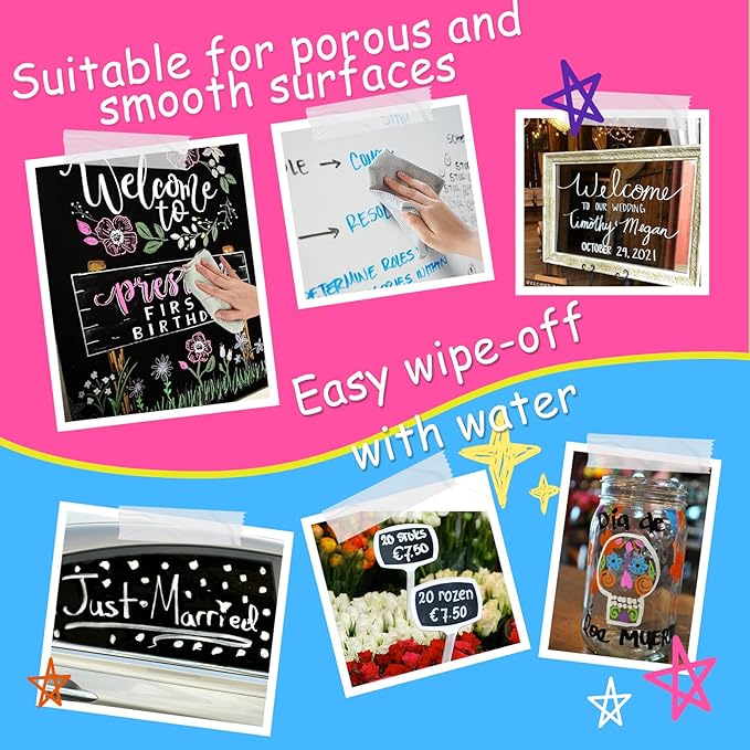 12 Liquid Chalk Markers for Blackboard Washable, 6MM Chalkboard Markers for Whiteboard, Window, Glass, Mirror, Car, Non-Toxic Chalk Pens for Back to School, Office & Home Use