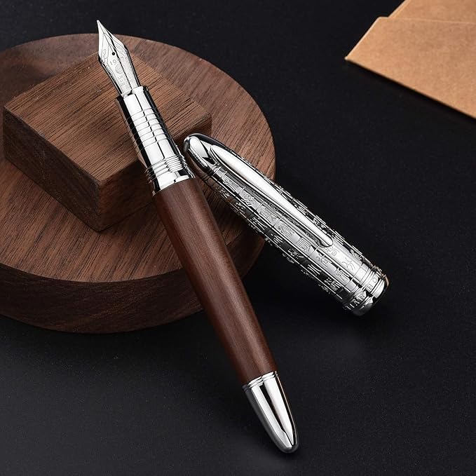 Hongdian 6016 Natural Wood Fountain Pen, Iridium Extra Fine Nib Writing Pen with Metal Pen Case