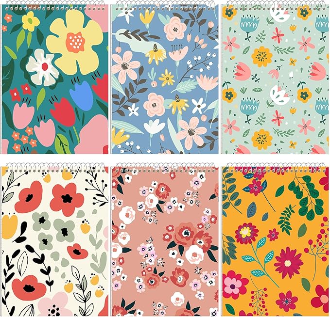 6 Pack 8.5 x 11'' Top Bound Office Steno Book Wide Ruled Double Sided Spiral Notebooks Reliable White Paper 70 Sheets/Pad Pastel Colors Covers for Writing School Notes (Floral Color)