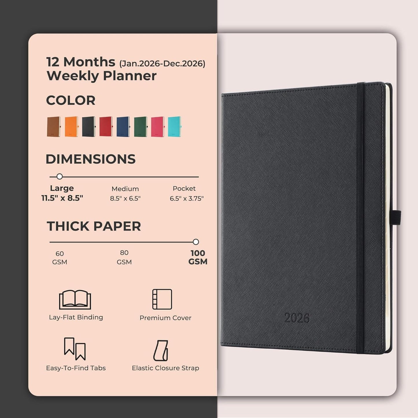 IN-LUXPRO Weekly Monthly 2026 Planner (Jan.26-Dec.26),11.5"x8.5",12 Months Agenda Plan with Month Tabs & Pocket,Expenses/Note Pages, Appointment Book Calendar with Hardcover Vegan Leather Cover,Black
