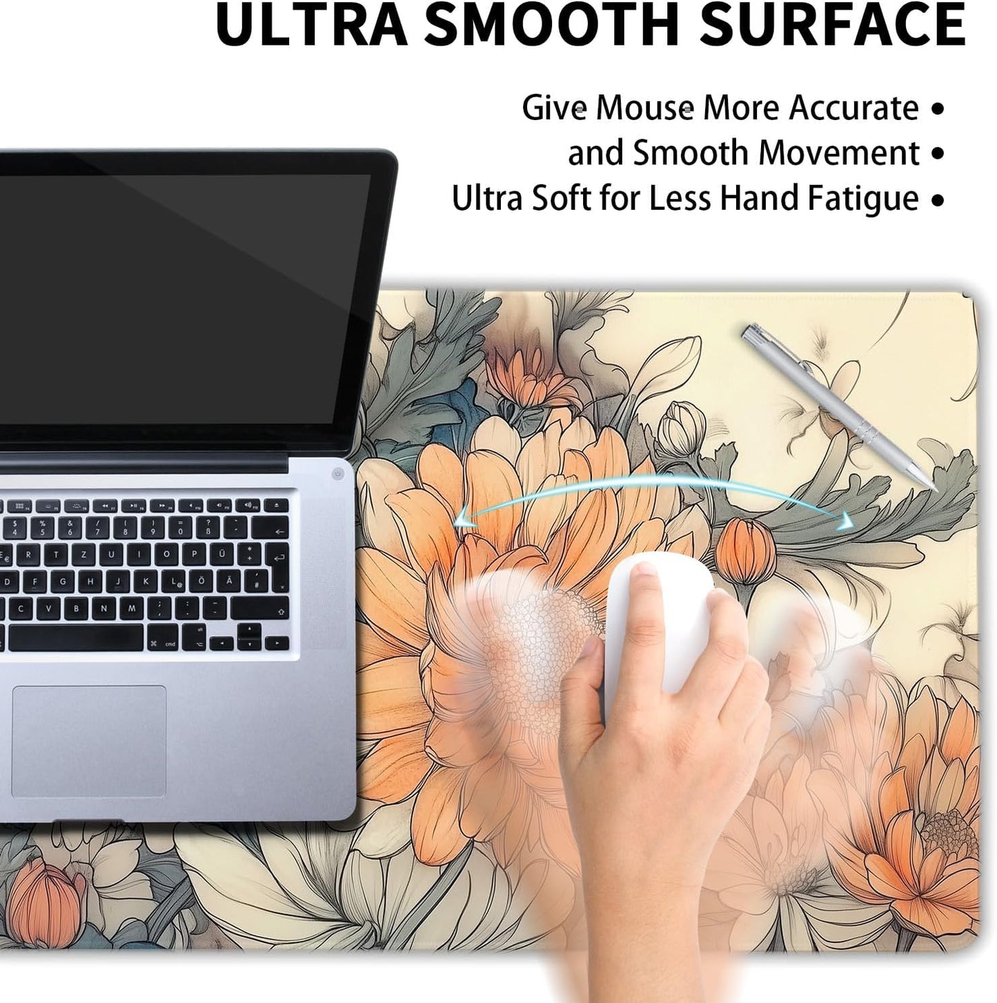 Minimalist Floral Gaming Mouse Pad XXL White Orange Aesthetic Flowers Japanese Extended Large Mat Mousepad Non-Slip Rubber Base Stitched Edge Keyboard Pad Playmat for Computer,35.4×15.7 Inch