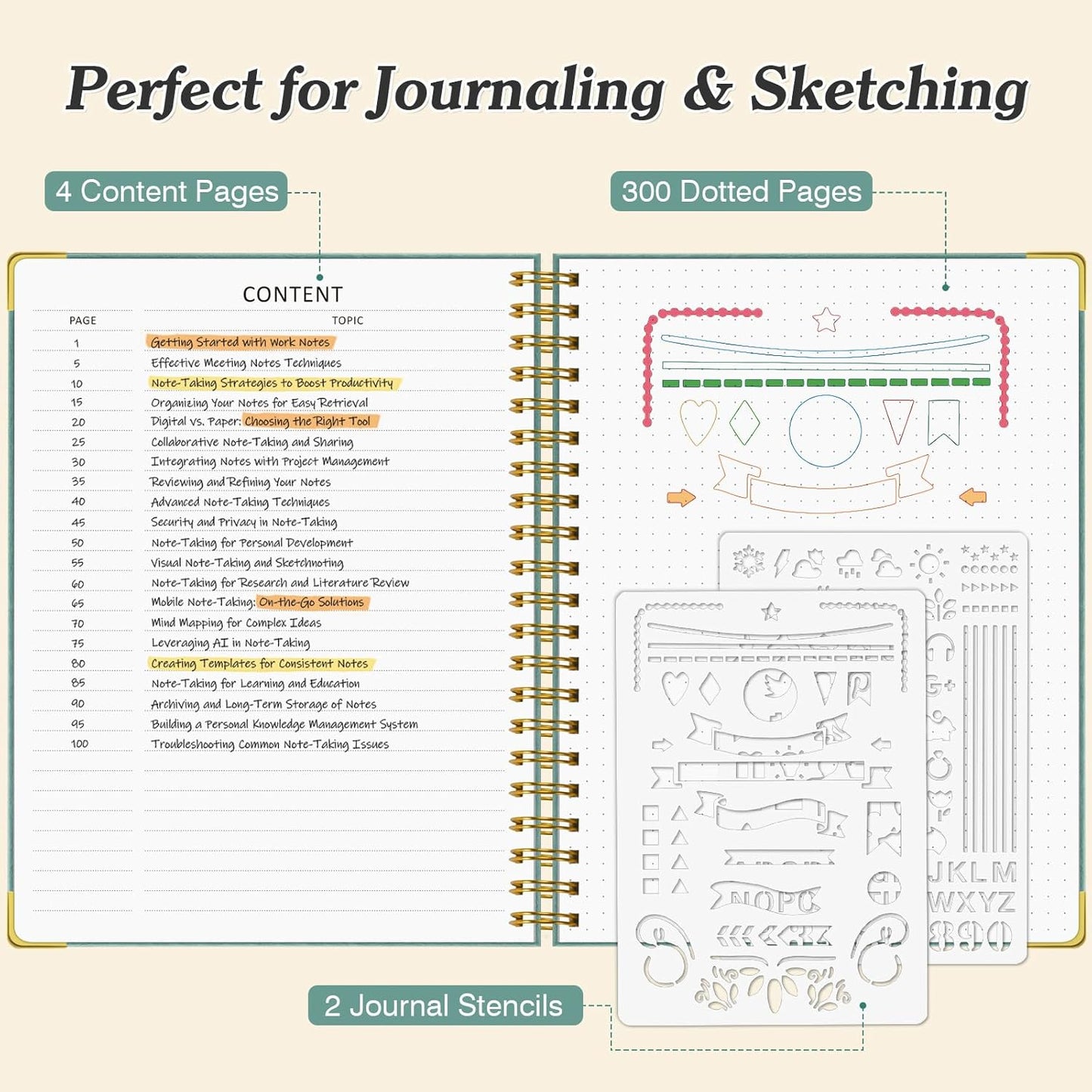 Bullet Dotted Journal Spiral Notebook, 300 Pages Leather Notebooks with Contens, 120 GSM Thick No Bleed Through Paper Journals, A5 Dot Grid Notebook for Women Men School Work Writing, 5.5" x 8", Black