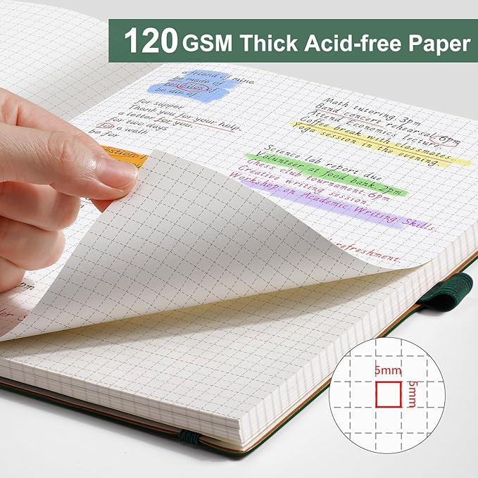 AHGXG Graph Paper Notebook - Grid Notebook Journal, 120 GSM Thick Graph Paper, Large B5 Notebook 96 Pages, Leather Softcover, for Graphing, Writing, Math, Engineering, 7.6'' X 10'' - Green