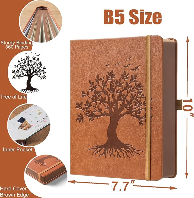 ZXHQ B5 360 Pages Lined Journaling Notebooks with Pen, Journals for Women Men Writing Notebook, Tree of Life Design, Brown Edge, Fine Inner Pocket - Light Brown