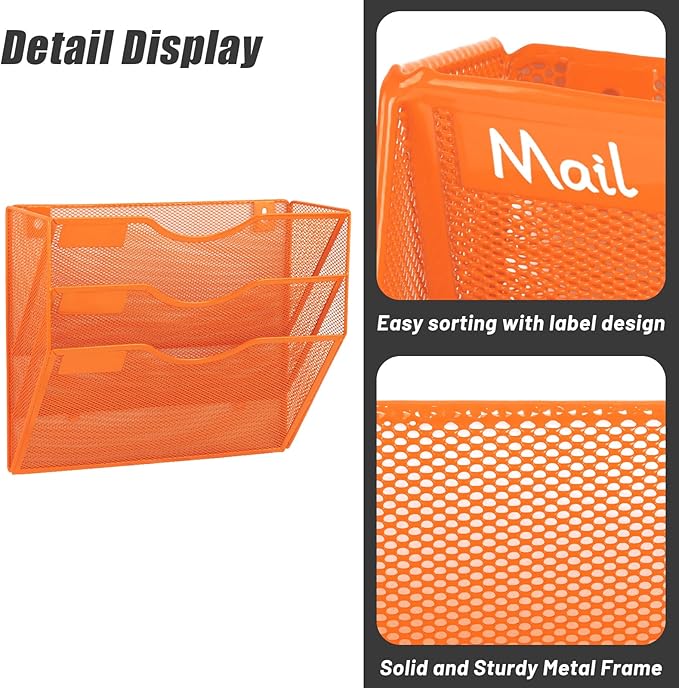 EASEPRES 3 Pocket Mesh Hanging Wall File Organizer, Wall Mounted Mail Paper Document Folder Holder, Clipboard Storage Organization Magazine Rack with Nametag Label for Office Home School, Orange