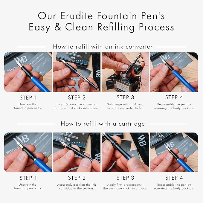 Wordsworth & Black Fountain Pen Set, 18K Gilded Medium Nib, Includes 24 Pack Ink Cartridges, Ink Refill Converter & Gift Pouch, Gold Finish, Calligraphy, [Imperial Blue], Perfect for Men & Women…