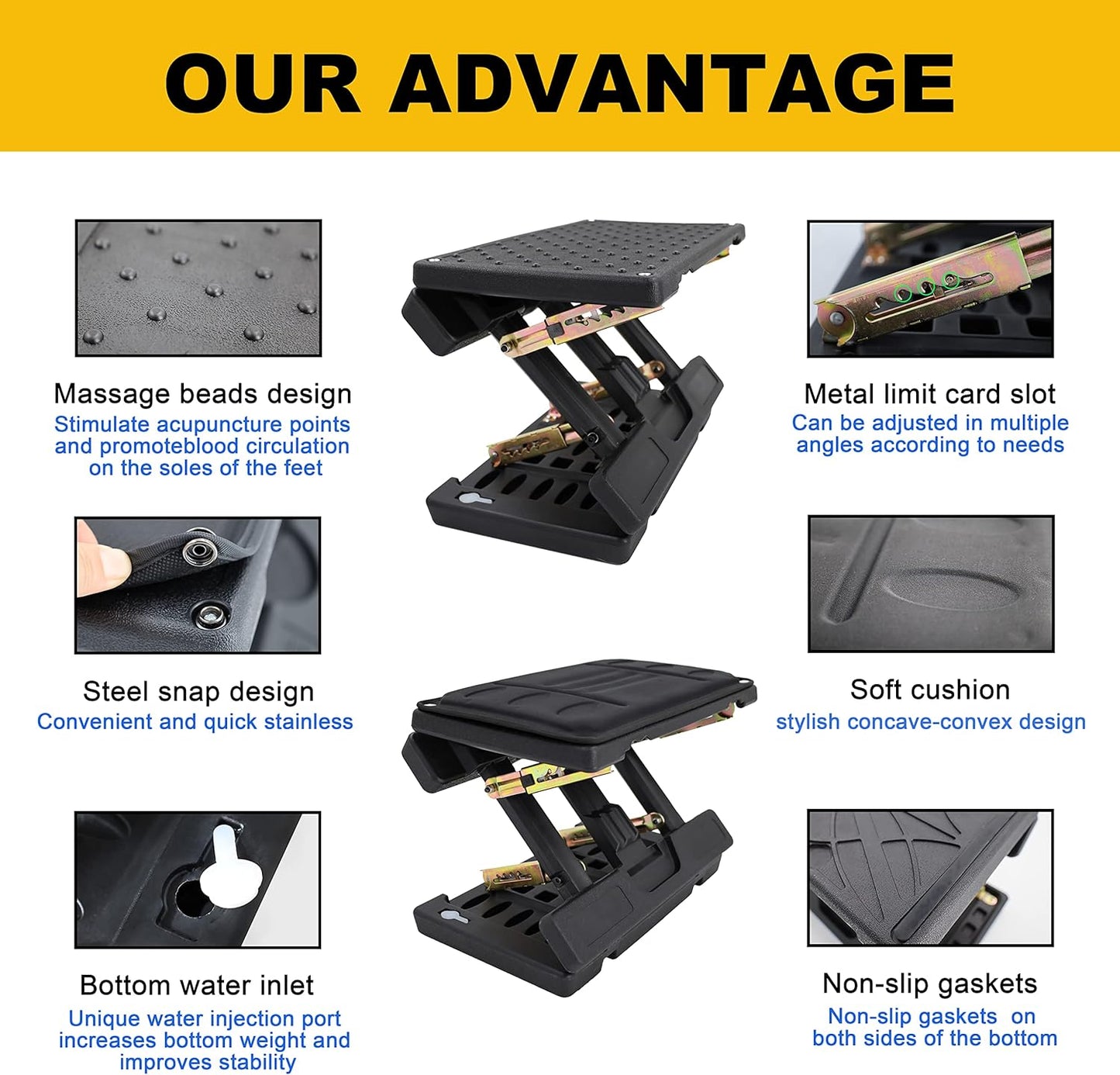 Adjustable Foot Rest Under Desk - Ergonomic Office Foot Stool with Massage, Leg Rest for Desk, Anti-Slip Design for Home & Work, Improves Posture (PB-Black)