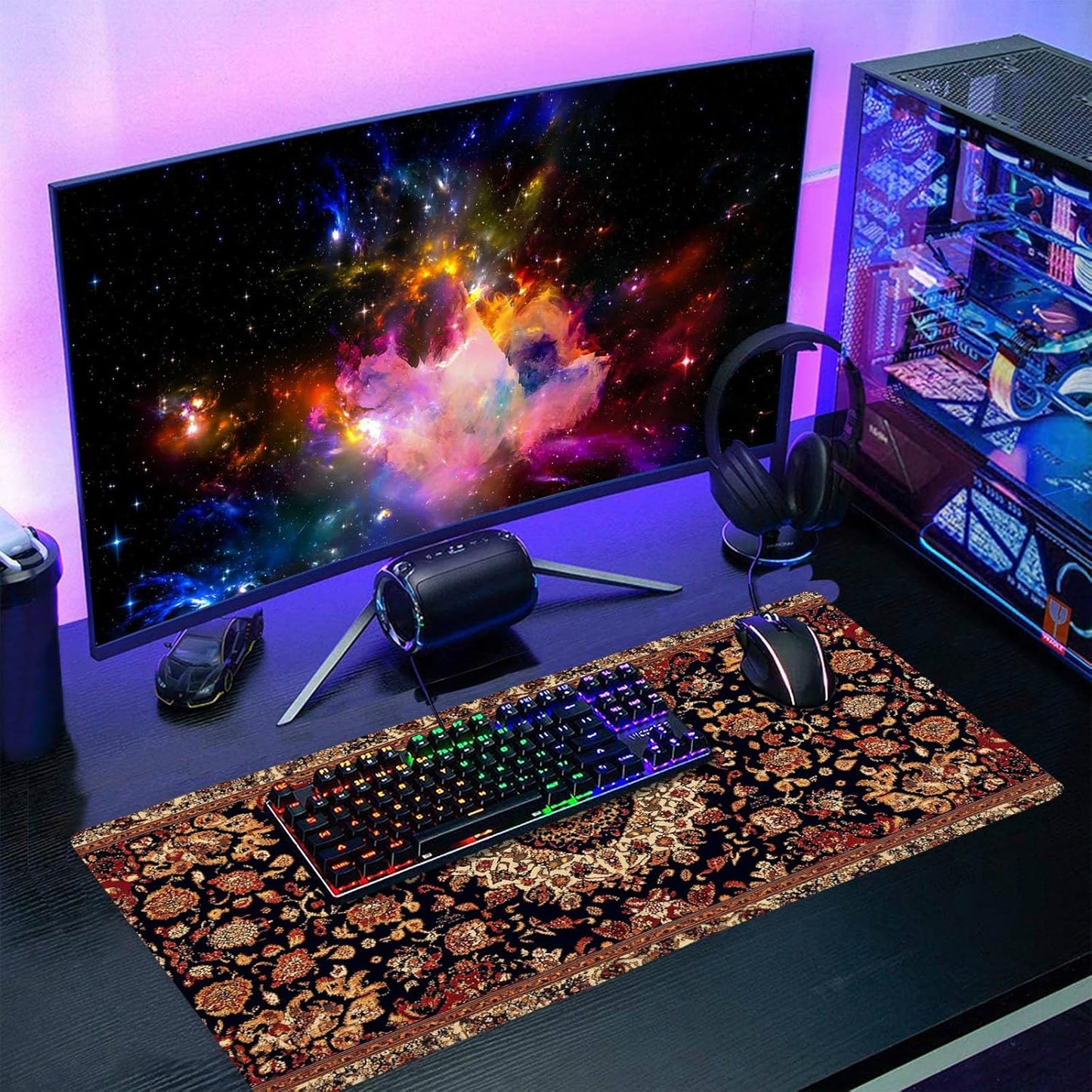 Vintage Rug Gaming Mouse Pad XL Dark Brown Retro Carpet Aesthetic Extended Large Mat Mousepad Desk Pad Non-Slip Rubber Base Stitched Edge Flower Keyboard Pad Playmat for Computer,20x14 Inch,60x35cm