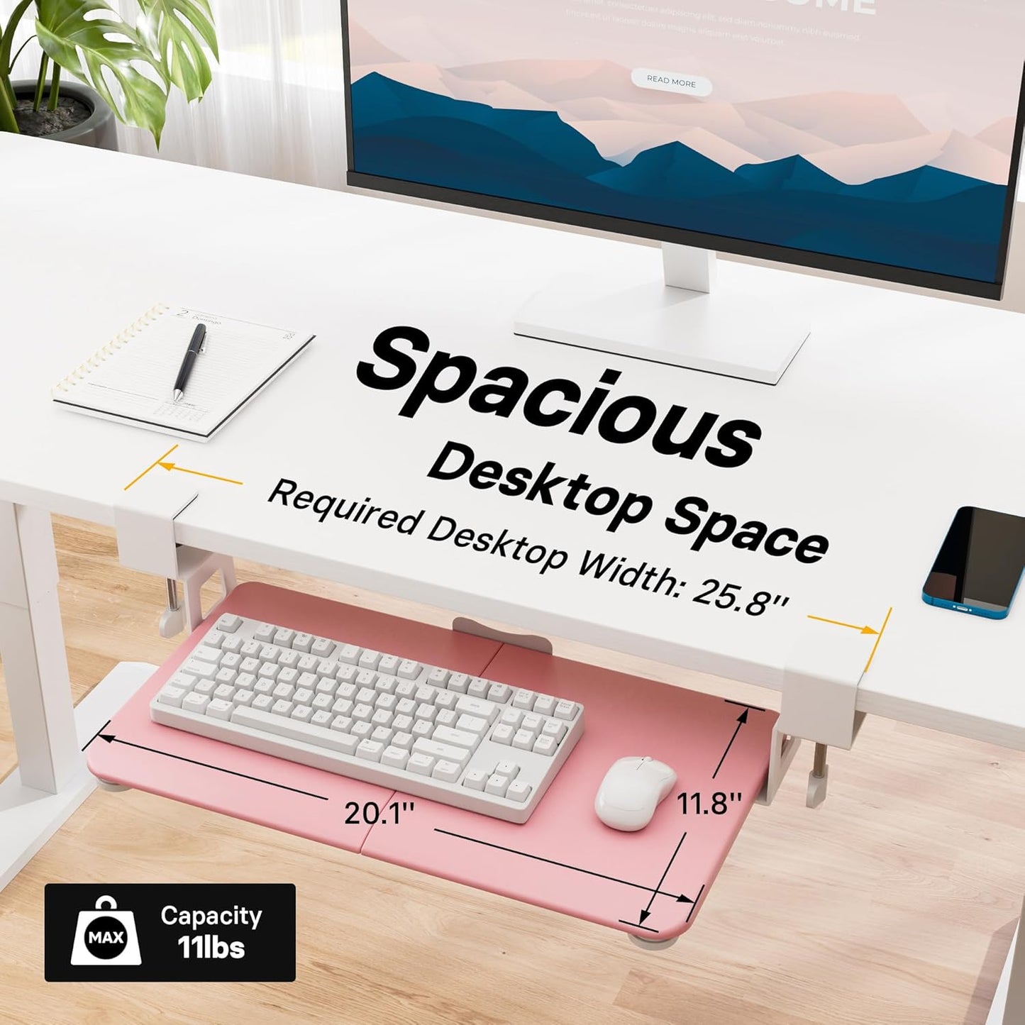 BONTEC KMT01-PJ Under Desk Keyboard Tray, Pull-Out Keyboard & Mouse Platform with C-Clamp, 20 x 11.8 in Space-Saving Ergonomic Slide-Out Drawer, Pink