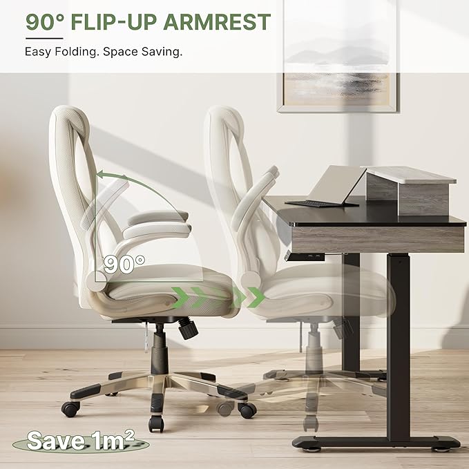 EUREKA ERGONOMIC Executive Office Chair Flip Up Arm Rest, Ergonomic Desk Chair Faux Leather Computer Chair, High Back Office Chair with Headrest, Home Office Desk Chairs with Wheels, Beige