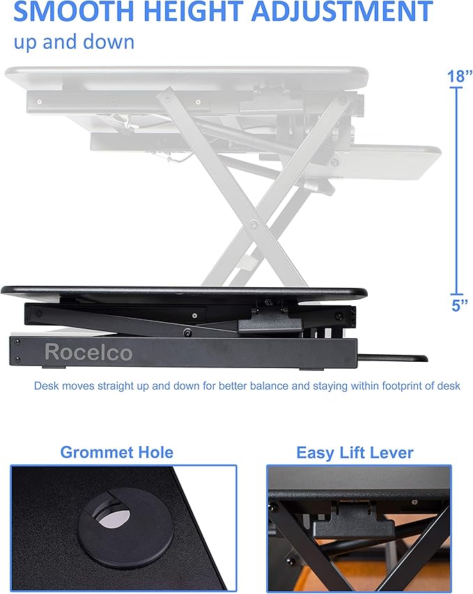 Rocelco 32" Height Adjustable Standing Desk Converter - Sit Stand Computer Workstation Riser - Dual Monitor Retractable Keyboard Tray Gas Spring Assist - Black (R EADRB2)