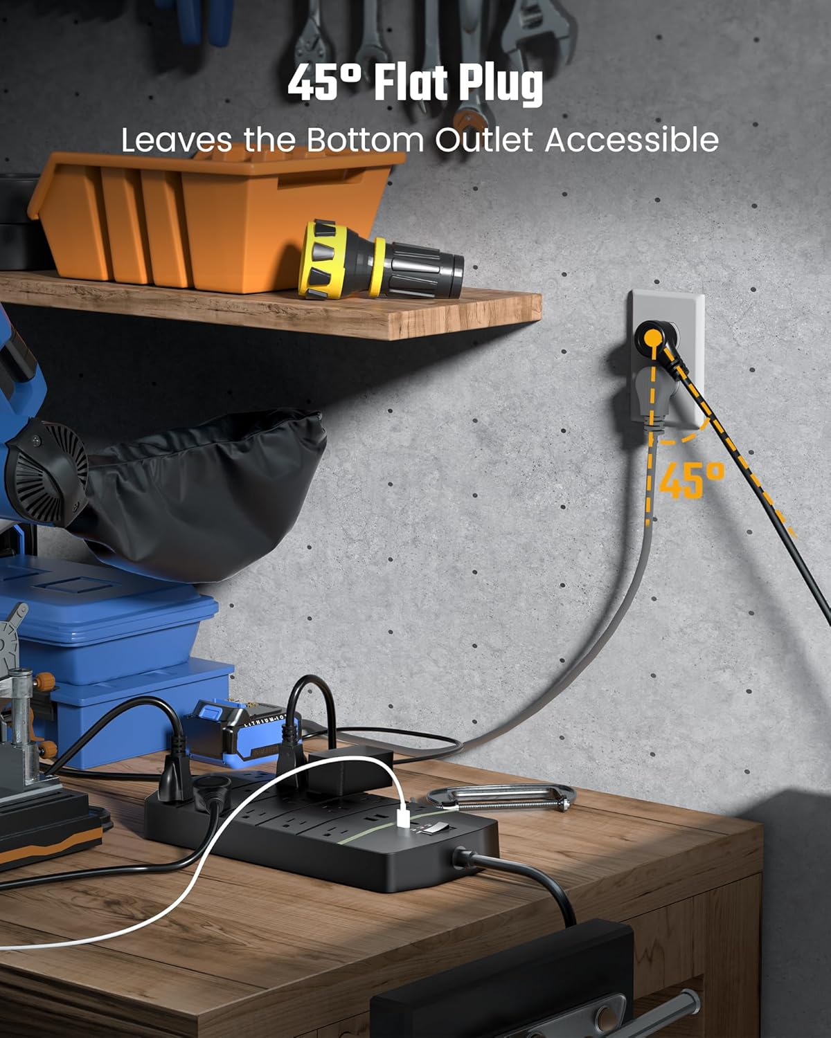 SUPERDANNY 15A Power Strip Surge Protector 5000 J with 13 AC Outlets 2 USB-A & 2 USB-C PD 20W Fast Charging Heavy Duty 14AWG/3C Industrial Grade 10ft Extension Cord for Workbench Home Office Black