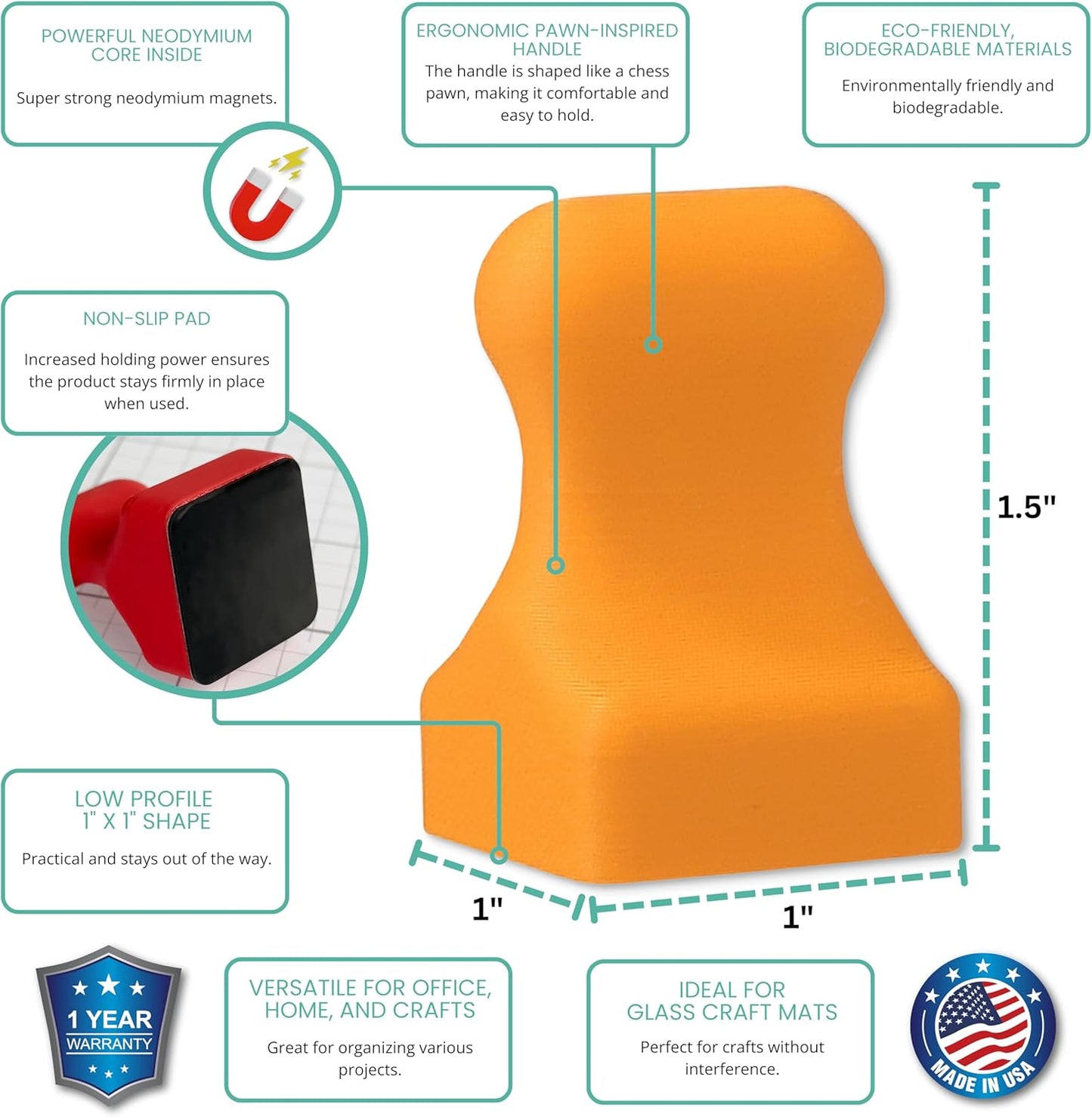 Glassboard Studio MiniPawn Magnet - Strong Neodymium Rare Earth Magnets for Fridge, Whiteboard, Locker & Magnetic Glassboards - Crafting & Office Use - Strong Fridge Magnets (Tangerine Orange, 4)