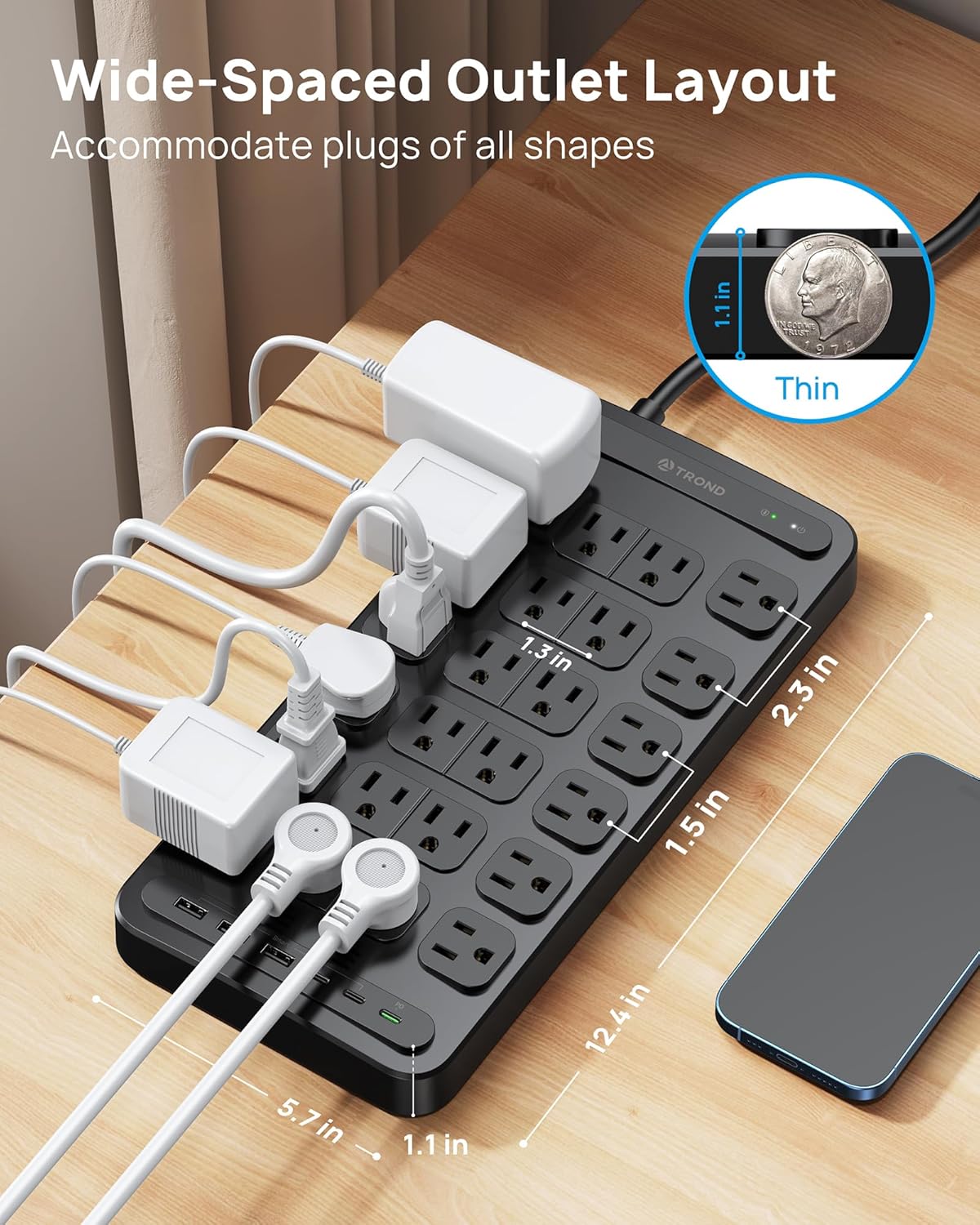 TROND Surge Protector Power Strip, 360° Rotating Flat Plug, 24 AC Outlets, 6 USB Ports Total 37W, 4000 Joules, ETL Listed, 15ft Heavy Duty Extension Cord 1875W for Gaming Dorm Room Essentials Black
