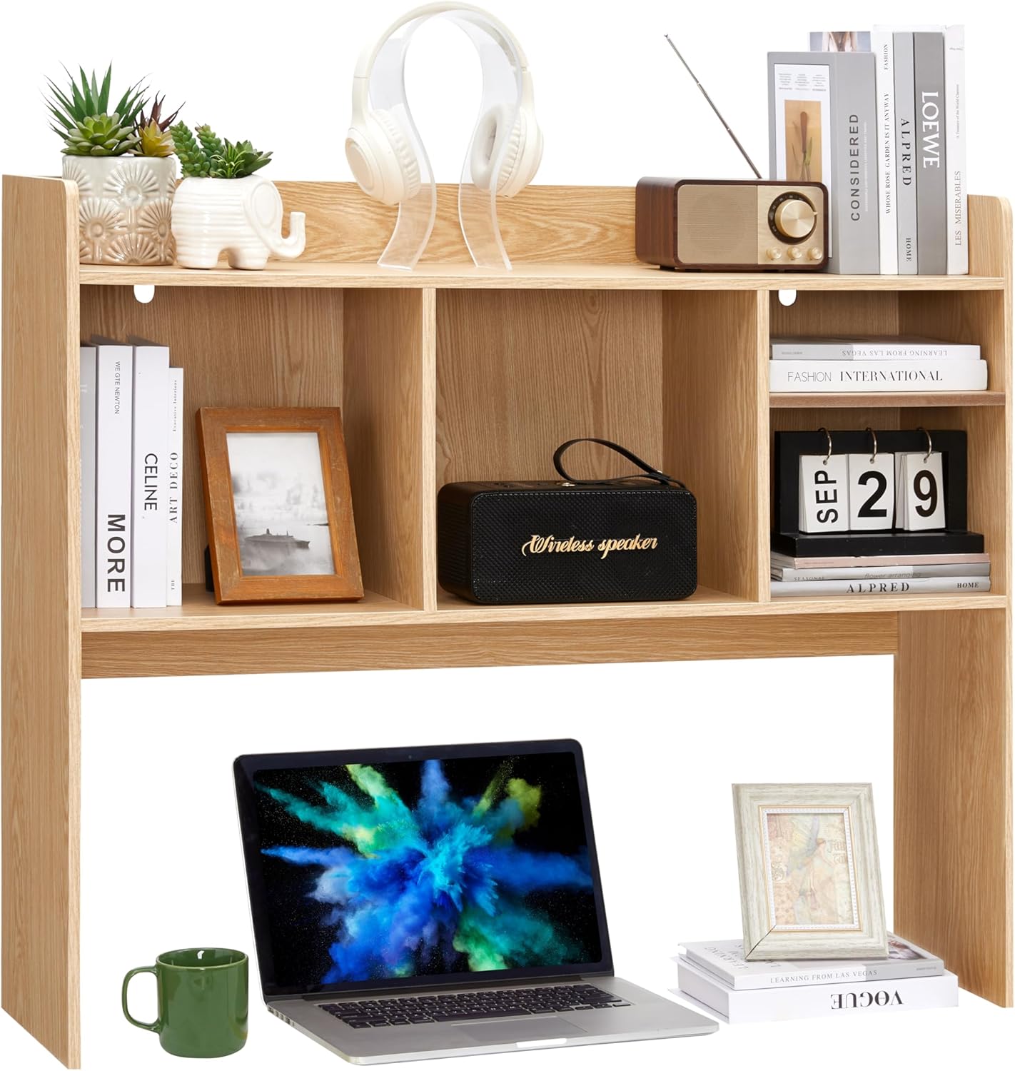Desktop Bookshelf, Wooden Desk Storage Hutch with 6 Shelves for Computer Desk, 3-Tier Desktop Display Organizer Rack for Office Home (Natural)