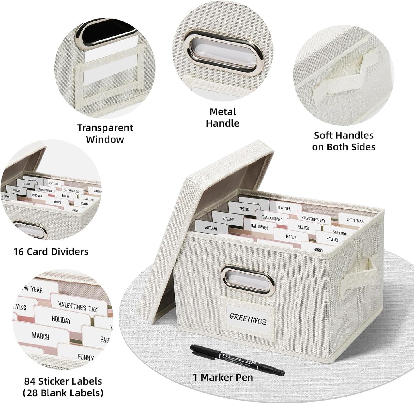 Greeting Card Storage Box, Linen Storage Box with 16 Adjustable Dividers, 84 Labels, 1 Marker Pen, Perfect for Organizing Greeting Cards, Envelopes, Photos 1 Pack Ivory