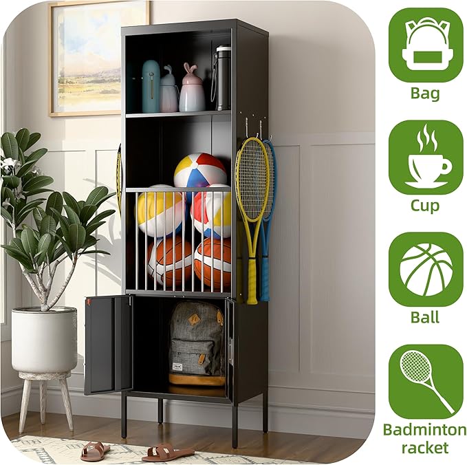 Aobabo 72" H Metal Storage Locker for Gym, for Stores Sports Gear Footballs, Rugby Balls and Tennis, Open Storage Locker with Hooks for School, Gym, Black, Assembly Required