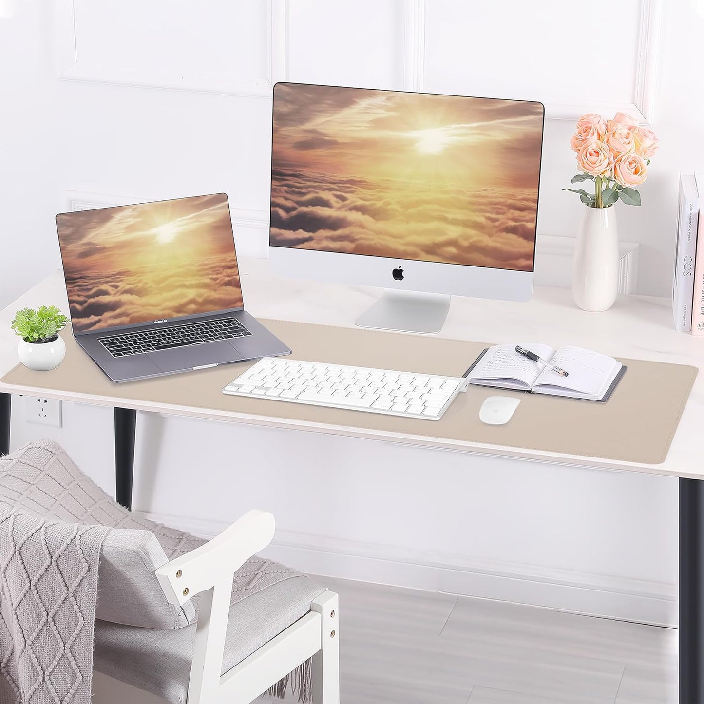 AFIING Leather Desk pad Protector, Large Non-Slip Office Desk Mat with Natural Cork & PU Leather, Waterproof Writing Mouse Pad for Office and Home (31.5in*17in,Beige)