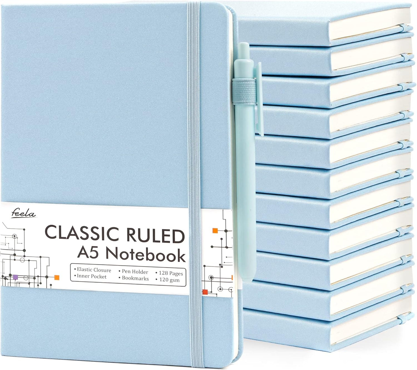 feela 12 Pack Notebooks Journals Bulk, Hardcover Notebook Classic Ruled Lined Journals with Pen Holder for Women Girls School Business Supplies, with 12 Black Pens, 120 GSM, 5.1”x8.3”, A5, Light Blue