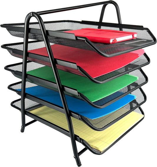 Huron Desktop Horizontal File Binder Organizer Storage Letter Tray, 5 Slot, Black Steel Mesh