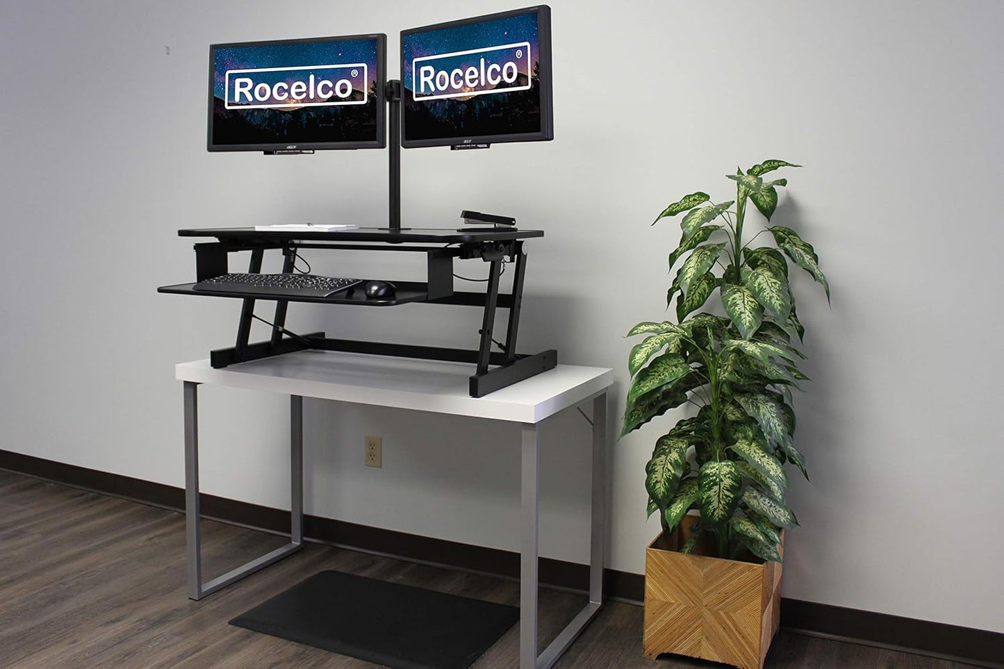 Rocelco 37.5" Deluxe Height Adjustable Standing Desk Converter with Dual Monitor Mount and Anti Fatigue Mat BUNDLE - Sit Stand Up Computer Workstation Riser - Keyboard Tray - Black (R DADRB-DM2-MAF)