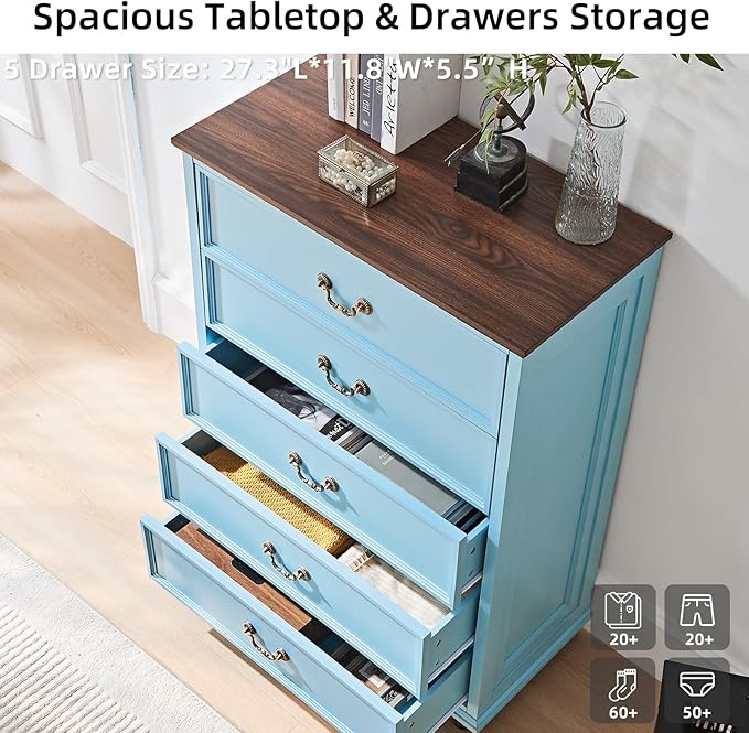 Farmhouse 5 Drawer Dresser Set of 2 for Bedroom, 45" Tall Vintage Chests of Drawers w/ 4 Solid Wood Feet, Mid Century Rustic Closet Storage Dressers Organizer for Living Room, Light Blue