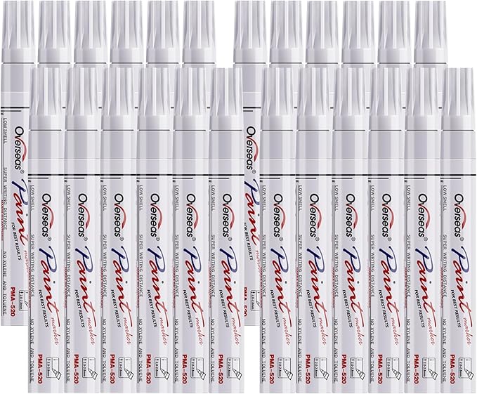 Overseas White Paint Pens Permanent Markers 24 Pcs, Oil Based Paint Markers Set, Quick Drying, Waterproof, Medium Tip Marker Pens for Metal, Rock, Wood, Plastic, Canvas, Glass, Stone, Rubber, Paper