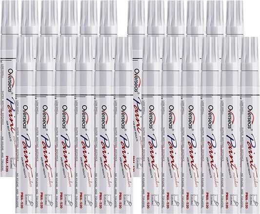 Overseas White Paint Pens Permanent Markers 24 Pcs, Oil Based Paint Markers Set, Quick Drying, Waterproof, Medium Tip Marker Pens for Metal, Rock, Wood, Plastic, Canvas, Glass, Stone, Rubber, Paper