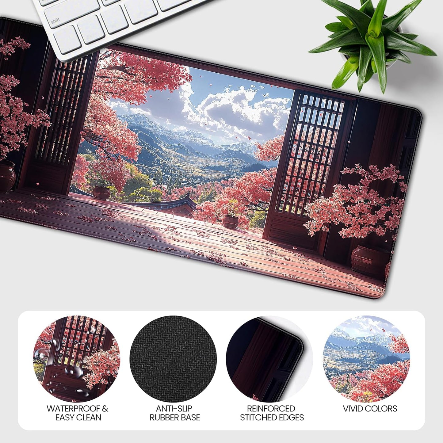 35.4 x 15.7 inches, Large Desktop Mouse pad, Keyboard and Mouse Pads for Work and Home Computers, and Large Laptop Mouse mat，Japanese-Style Cherry Blossom Mountain View