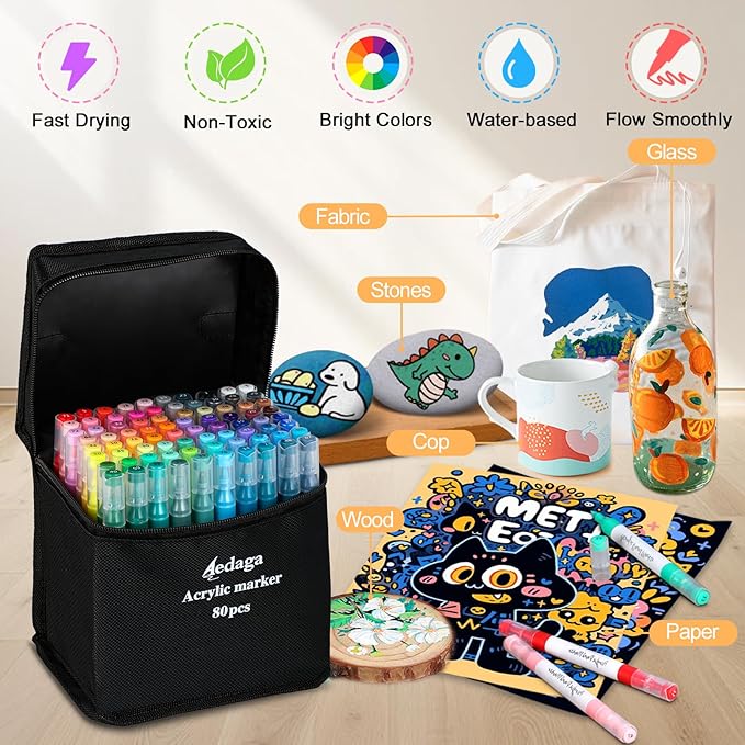 YHC 80 Colors Acrylic Paint Pens with Free App, Dual Tip Acrylic Paint Markers with Brush Tip and Fine Tip for Adults, Kids, Eggs, Wood, Rock, Canvas, Plastic, Stone, Glass, Ceramic