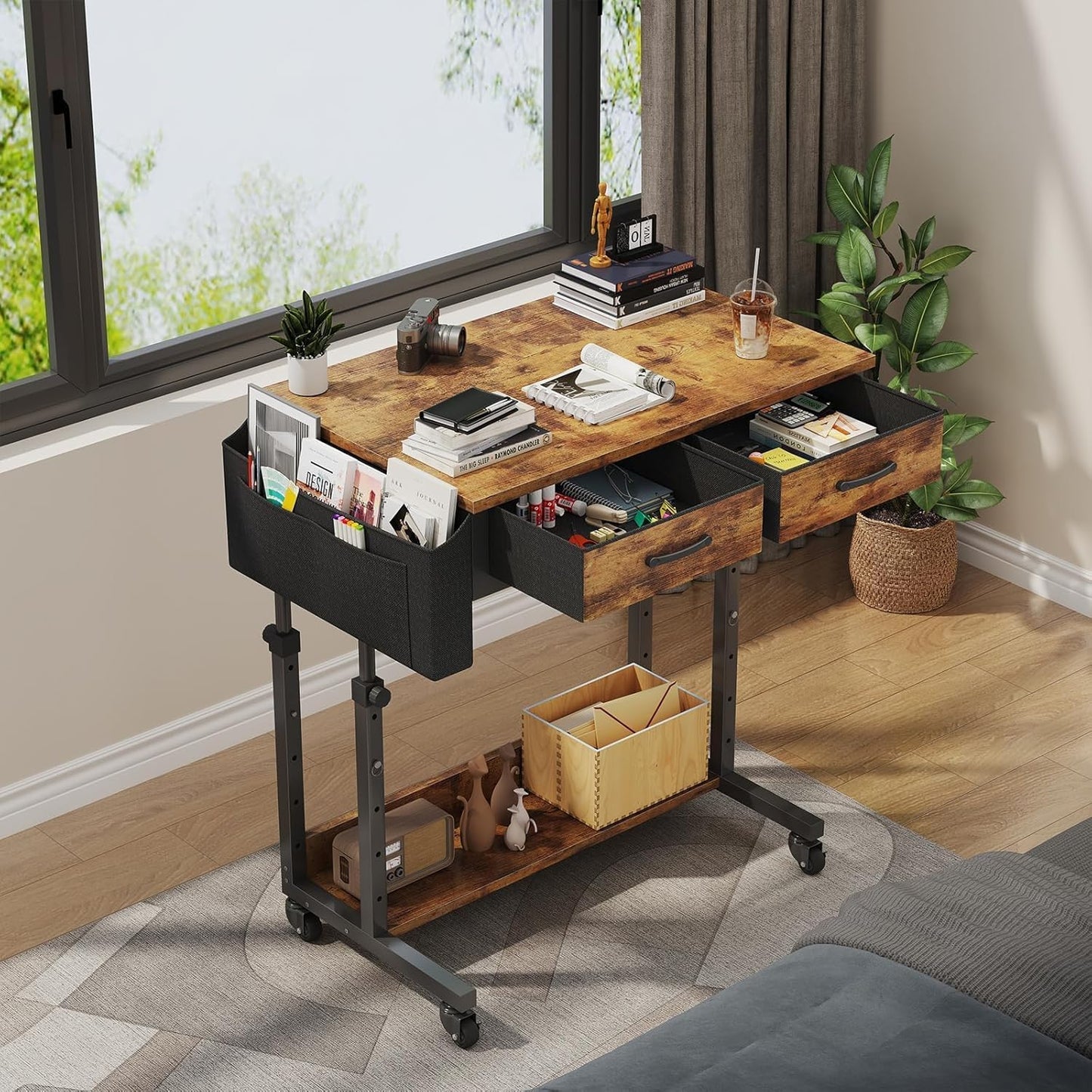 Small Portable Standing Rolling Desk - 32 Inch Adjustable Mobile Stand Up Teacher Desks with 2 Fabric Drawers on Wheels, Couch Sofa Side Laptop Table with Storage for Bedroom Home Office, Rustic Brown