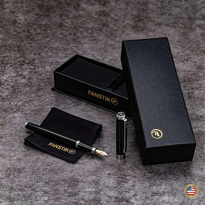 Customized Black & Silver Luxury fountain pen (Made In USA) fancy gift set for women, Real 24K Gold Plating, Professional executive pen gift set for men (Lux Custom-fountain Black-Silver)