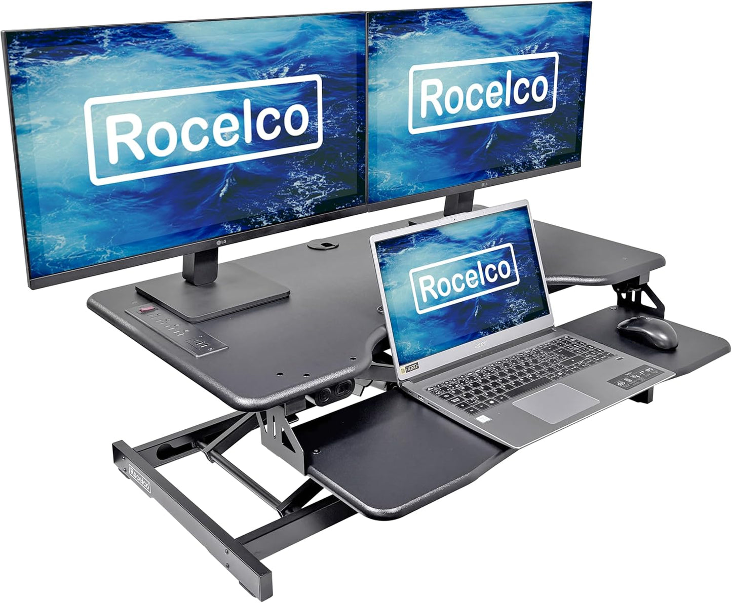 Rocelco 37.4" Electric Standing Desk Converter with AC USB Charger - Motorized Height Adjustable Sit Stand Up Dual Monitor Riser - Tabletop Computer Workstation - Large Keyboard Tray - Black (R EDRB2)