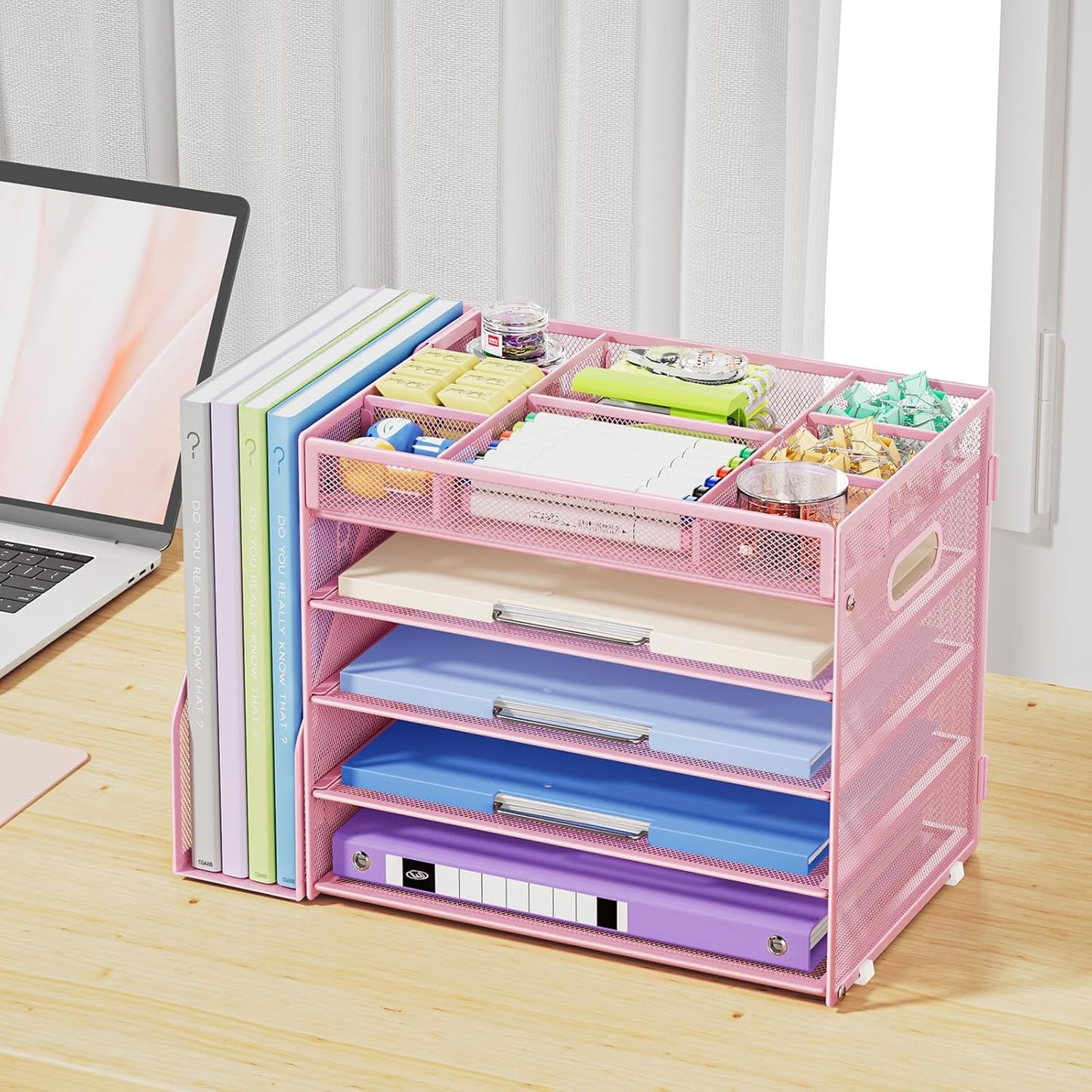 Marbrasse 5-Tier Desk Organizer with File Holder,Paper Letter Tray Organizer,Desktop File Organizer with Adjustable Compartments,Mesh Desk Organizers and Accessories for Office Supplies,Pink