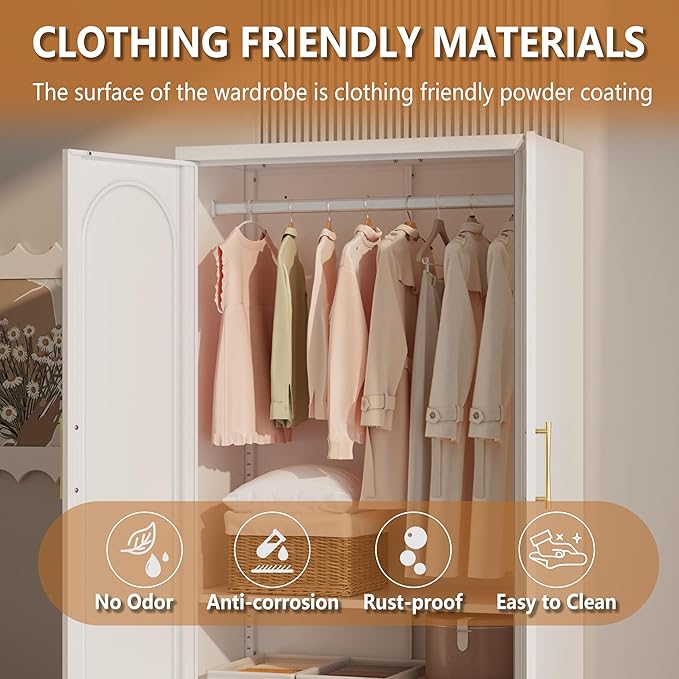 Metal Armoire Wardrobe Closet witih Two Drawers, 71" Tall Large Wardrobe Cabinet with Hanging Rod, Clothing Storage Cabinet with Doors and Shelves for Bedroom, White, Assemble Required