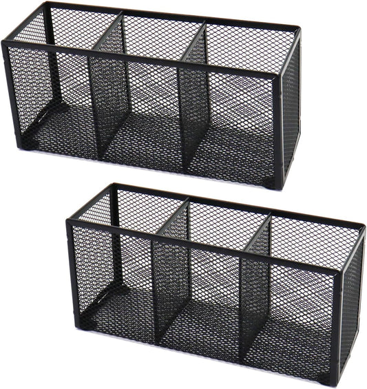 2PCS Black Mesh Pen Pencil Holder, Small Metal Desk Organizer Desktop Stationery Office Supplies Acessories Storage Stand, 3 Compartments Brushes Holder for Home School Classroom Teachers