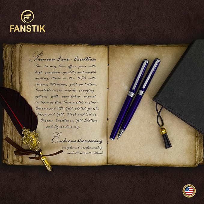 Blue Luxury fountain pen (Made In USA) fancy gift set for women, Real 24K Gold Plating, Professional executive pen gift set for men (Lux fountain Blue)