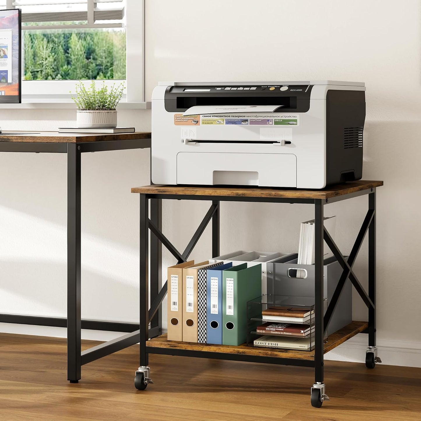 Warmiehomy 24"x24"x24" Large Printer Stand with Storage, 2 Tier Rolling Printer Cart Table, Mini Fridge Stand with Wheels, Use for 3D Laser Printer Home Office, Rustic Brown