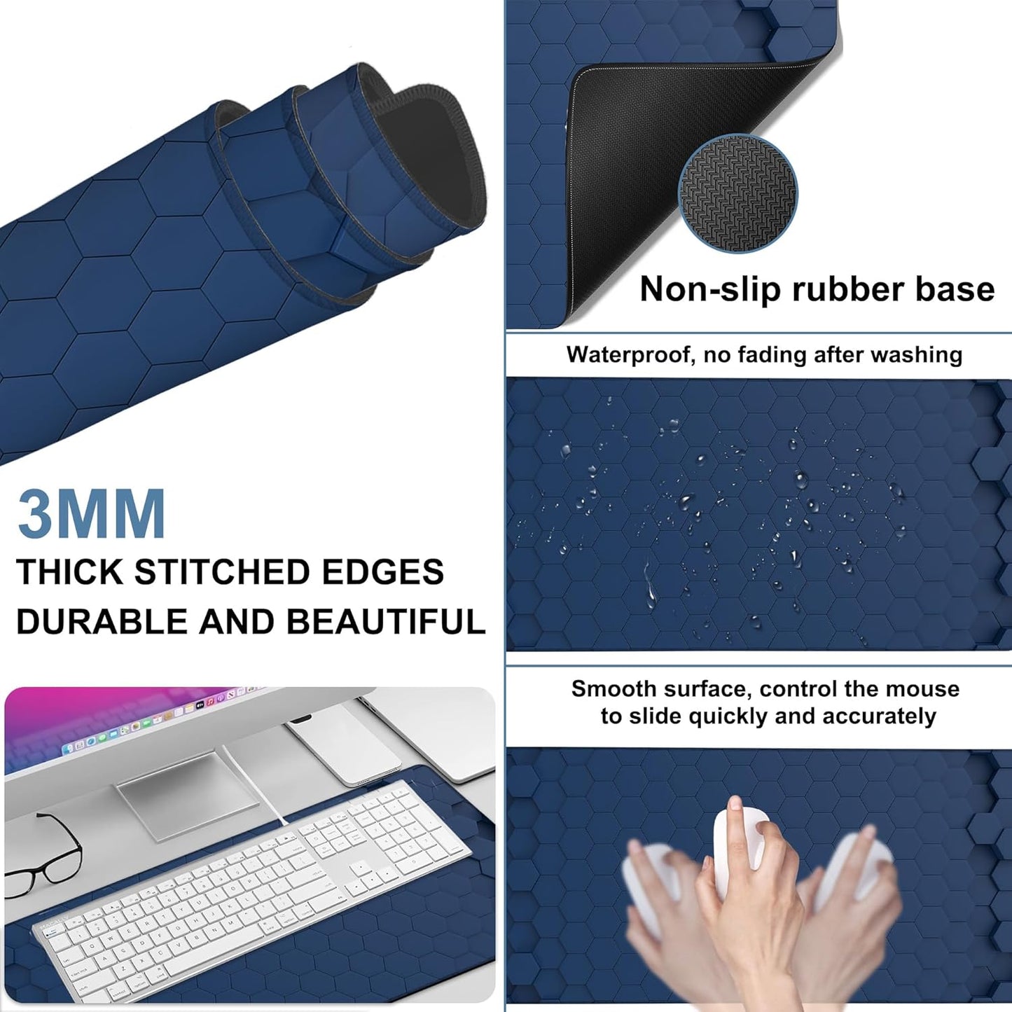 Large Mouse Pad Hexagon Style Gaming Desk Pad Computer Keyboard Non-Slip Waterproof Mouse Mat with Rubber Base and Stitched Edges Entertainment Office Writing Desk Mat 35.4 x 15.7 Inches