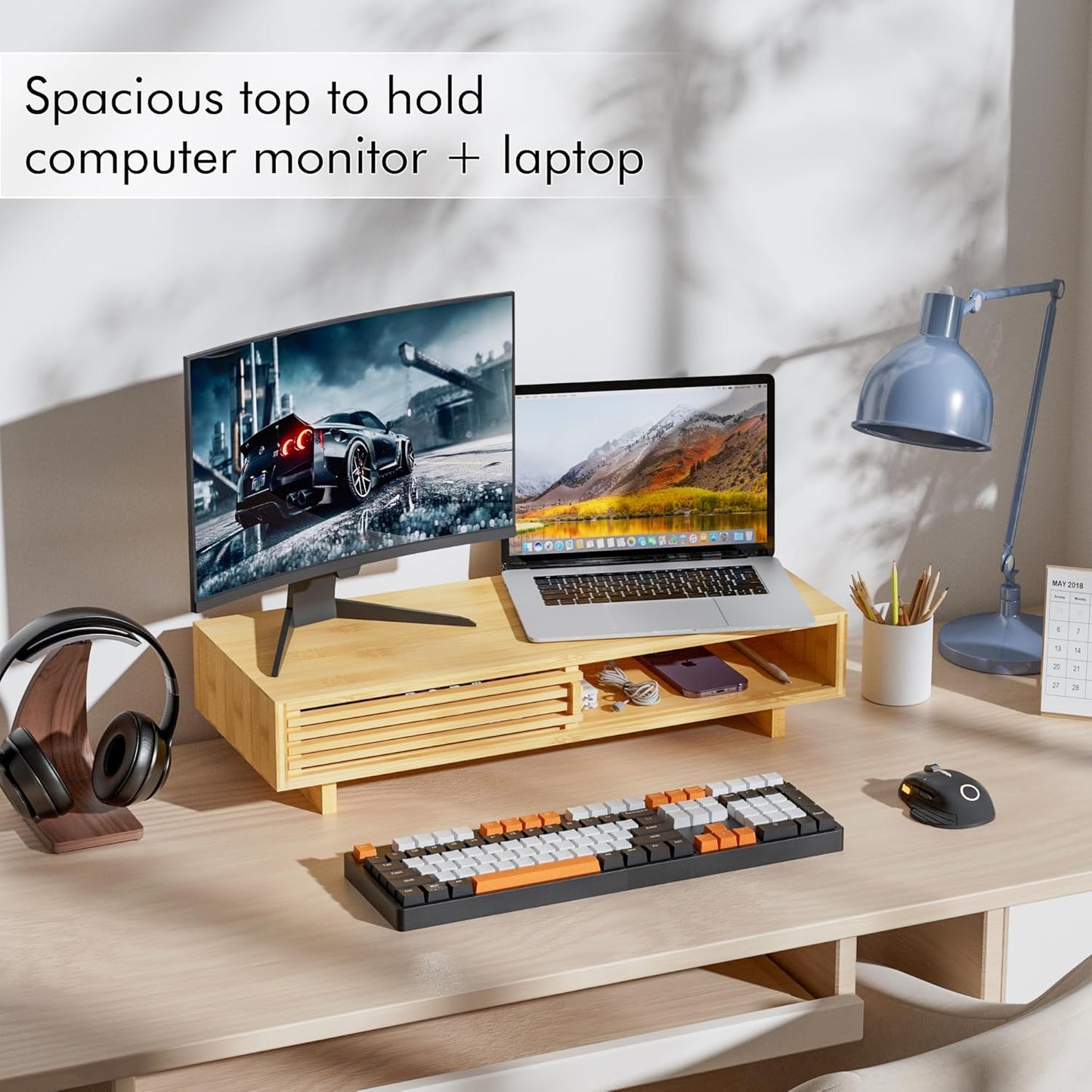 Zri Bamboo Computer Monitor Stand with Drawer, Dual Laptop Stand for Desk,Single Monitor Riser with Storage,Wood Office Desk Organizer & Accessories