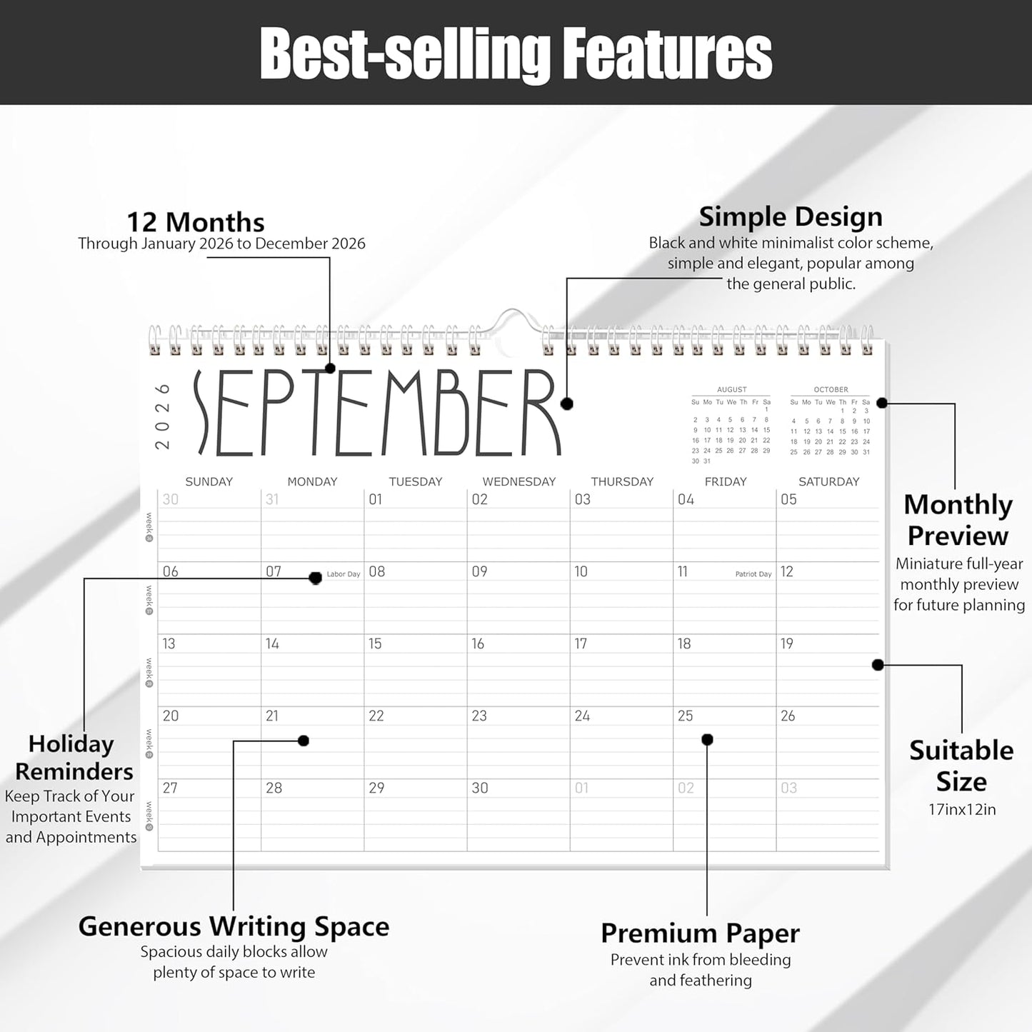 GuassLee Wall Calendar 2026 12 Months Planner Through Jan. 2026 to Dec 2026 17" X 12" Paper Monthly Planner Wall Hanging Calendar with Thick Paper for Easy Organizing