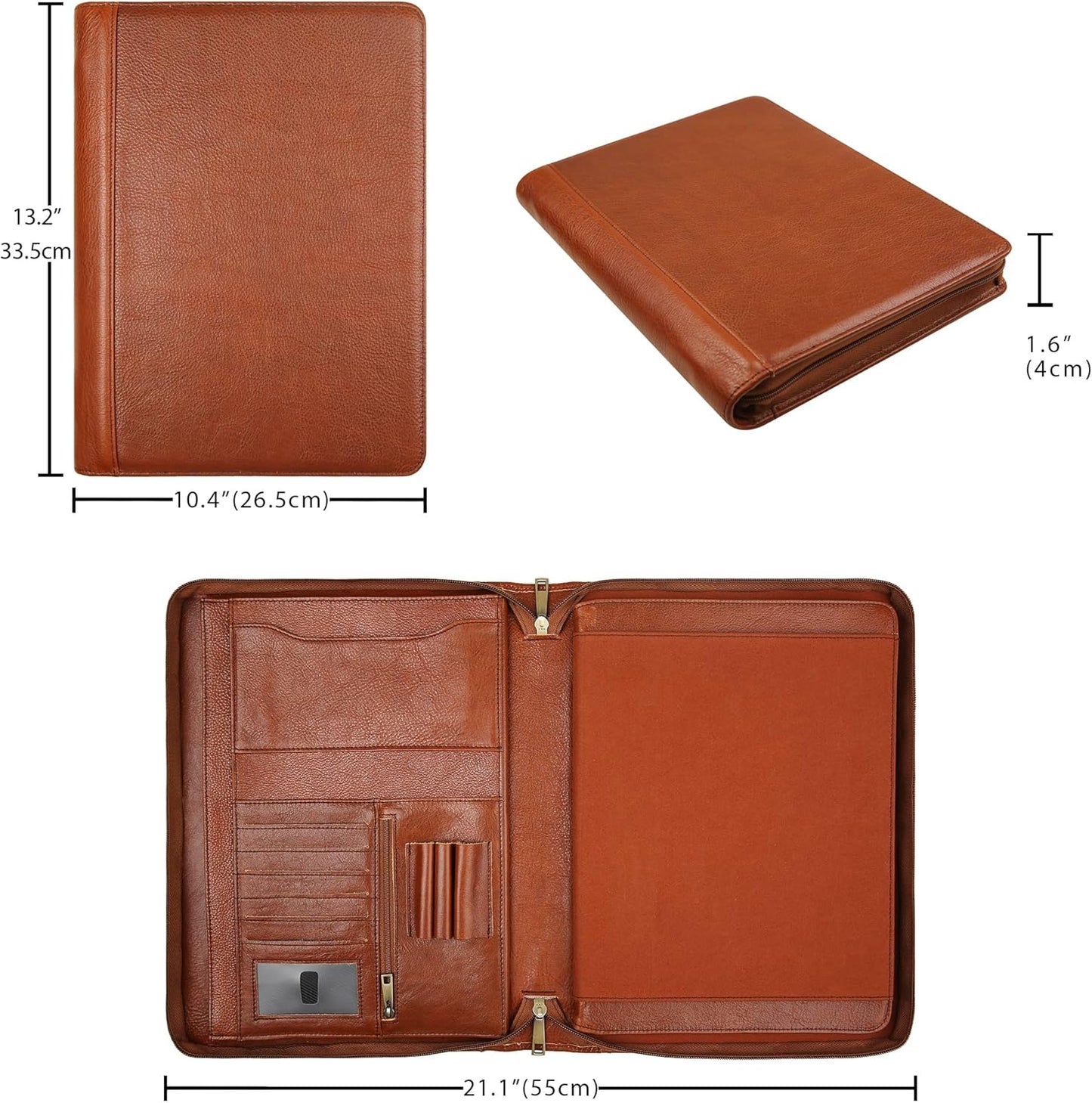Personalized Leather Portfolio Organizer for IPad/Document, Business Padfolio with A4 Leather Notepad Holder, Custom Leather Compact Folder Conference Portfolio for Men and Women, Oil-Brown