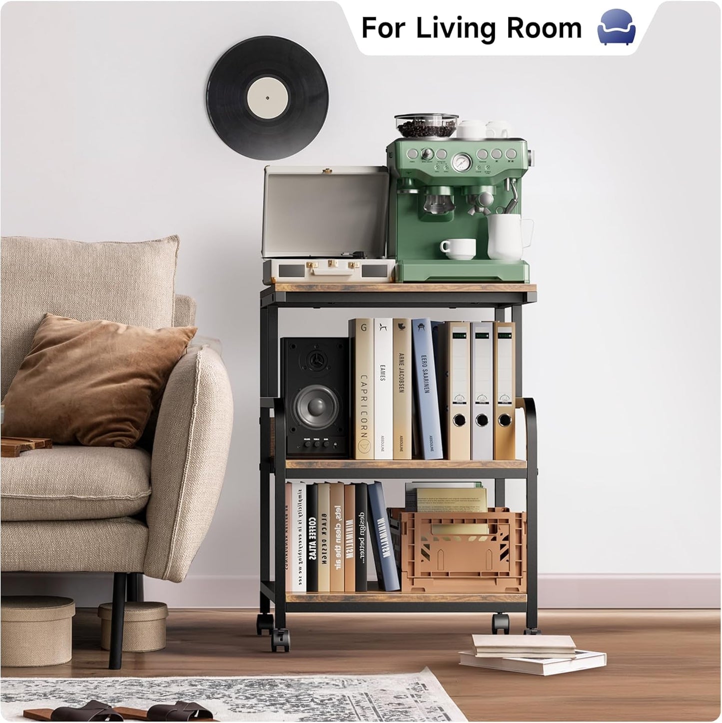 Printer Stand, 19.68×15.75×27.55 Printer Table with Adjustable Storage Shelf, 3 Tier Rolling Cart with Wheels, Space Saving Desk for Home Office, Mini Fridge & Heat Press Stand, Rustic Brown