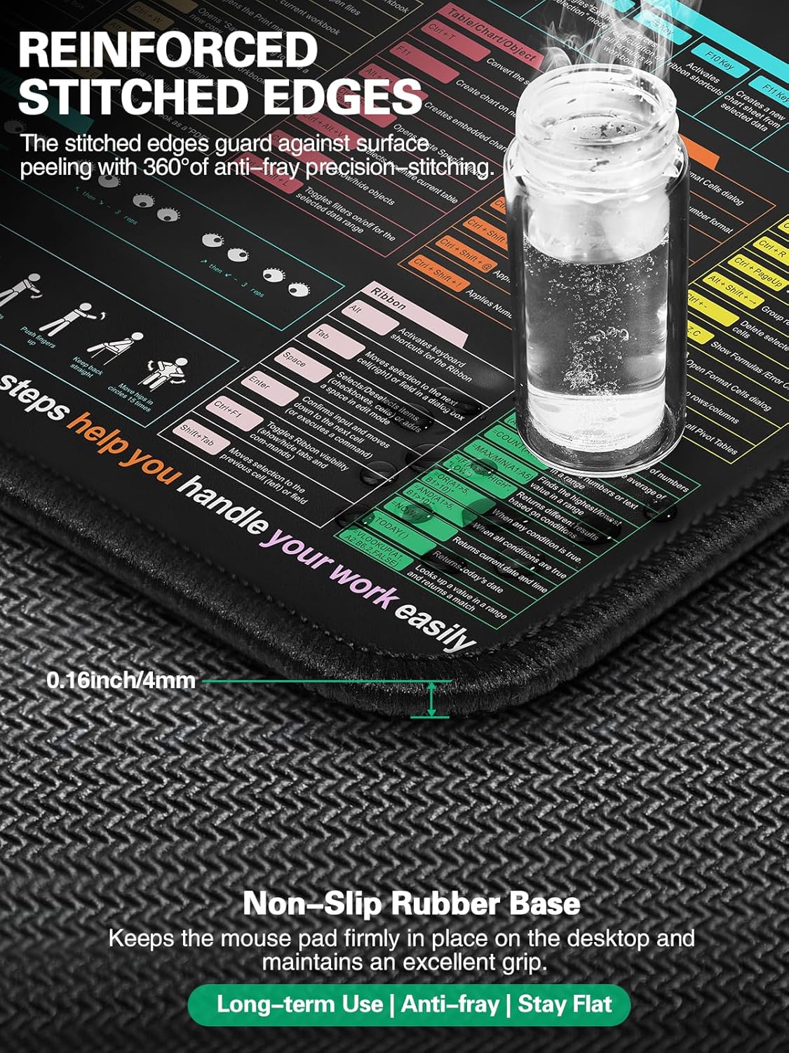 Mouse Pad for Excel/Word/PowerPoint/Windows Shortcut Keys, Desk Pad with Wireless Charger Phone Stand, XXL Large Excel Cheat Sheet Mousepad | PC Office Spreadsheet Desk Mat | Non-Slip Stitched Edge