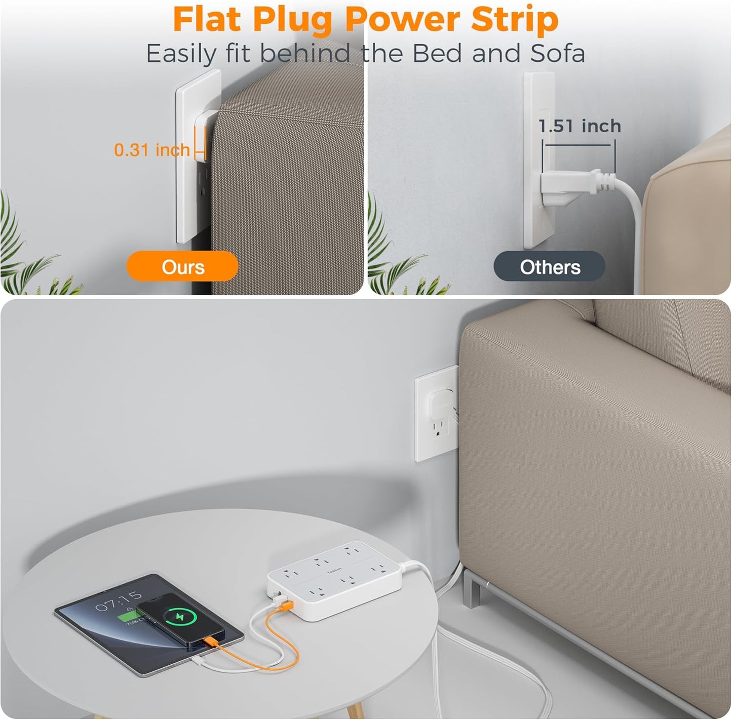 TESSAN Flat Extension Cord 10 FT with Flat Plug Power Strip, Small Extension Cord with 6 AC Outlet 1 USB C and 2 USB A, 1080J Surge Protector Power Strip, Wall Mount for Dorm Room Office Home