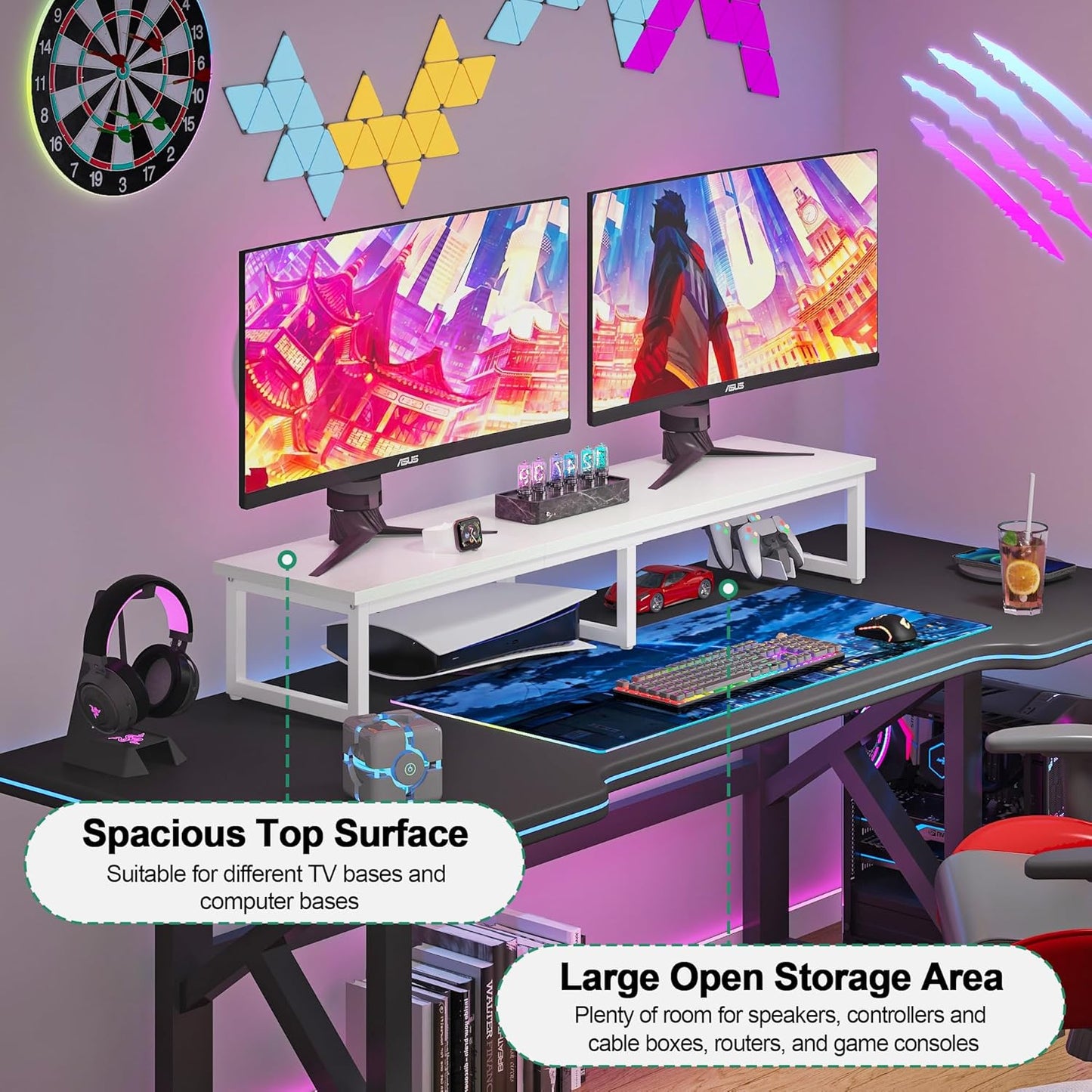 Clikuutory 45" Large TV Riser for 32-60 inch TVs, Tabletop Stand with Steel Legs, Storage & Dual - Screen Office Desk Function, Ideal for Home Office, Bedroom, Living Room, White