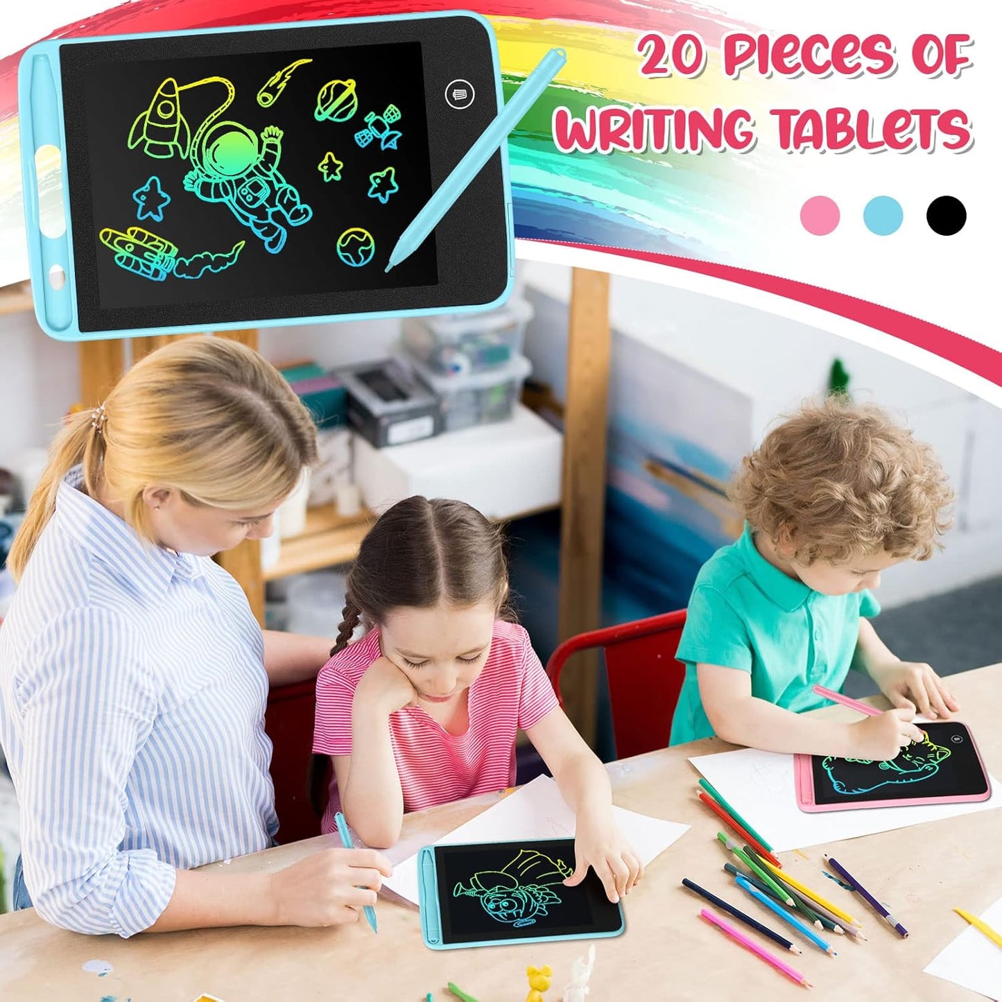 Zhehao 20 Pcs LCD Writing Tablet for Kids 6.5 Inch Colorful Doodle Board LCD Writing Board Kids Portable Electronic Drawing Board Erasable Drawing Pad Reusable Writing Pad for Kid (Black, Blue, Pink)