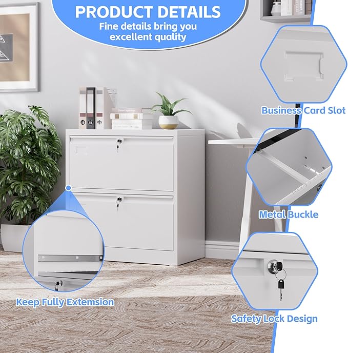 Metal 2 Drawer Lateral File Cabinet with 2 Lock - Wide Filing Cabinet for Letter/Legal/F4/A4 Hanging Files - Includes Business Card Holder,Home Office School Storage,White