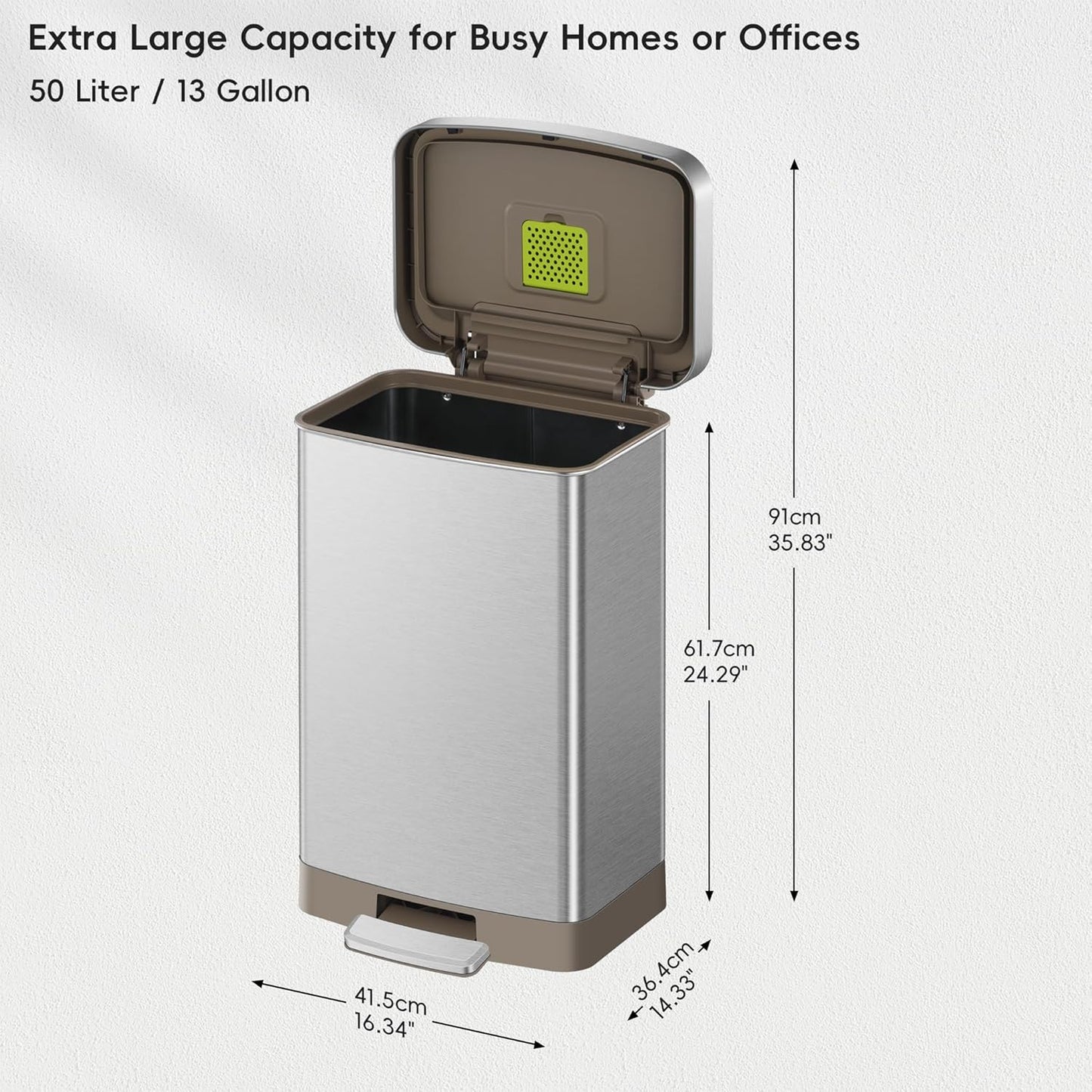 EKO Hudson Matte Stainless 50 Liter/13.2 Gallon Step Trash Can with Rear Trash Bag Storage Compartment