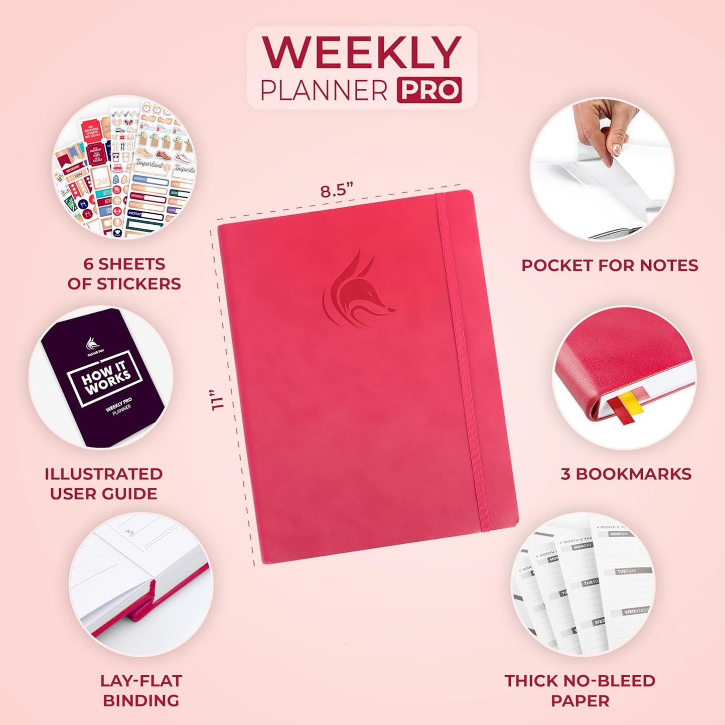 Clever Fox Planner PRO – Weekly & Monthly Life Planner to Increase Productivity, Time Management and Hit Your Goals, 8.5x11″ (Dark Pink)
